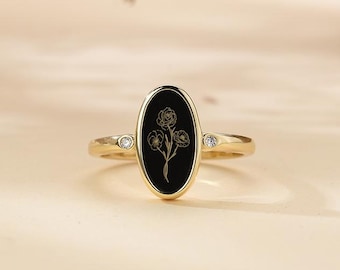 Personalisierter Geburtsblumenring 925 Sterlingsilber: Schwarze Achat-Familie Blumenstrauß, Monatsblumen, Geschenk für Sie