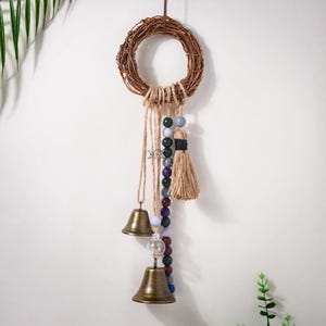 Handmade Ojibwe Dreamcatcher: Jasper Beads & Bells Wall Hanging