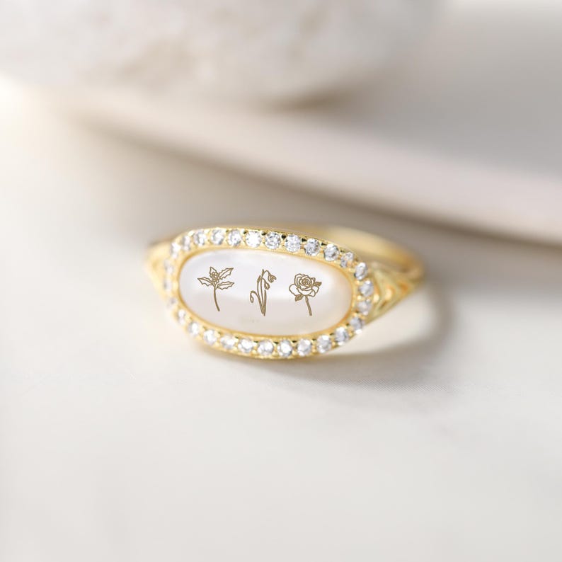 Custom Birth Flower Ring, Personalized Floral Ring, Engraved Birth ...