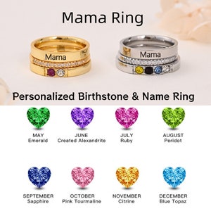 May include: A gold and silver ring set with the word "Mama" engraved on the band. The rings are adorned with small clear stones and a single birthstone in the centre. The image also shows a chart of birthstones for each month of the year.