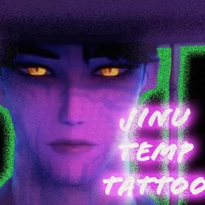 May include: A digital illustration of a person with purple skin, wearing a hat, and glowing yellow eyes. The text "JINU TEMP TATTOO" is in pink neon lettering. The background is black with green neon accents.