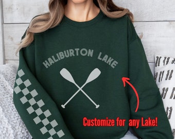 Checkerboard Sleeve Personalized Lake Life sweatshirt, Custom Lake Life shirt personalized boating sweatshirt, checkered lake name shirt