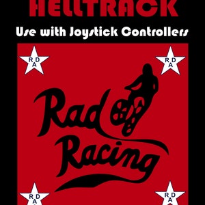 May include: A red and black game cartridge for the Atari game Helltrack. The cartridge has a black silhouette of a person riding a motorcycle with the words "Rad Racing" in a stylized font. The text "game program HELLTRACK Use with Joystick Controllers" is printed in white on a black background.