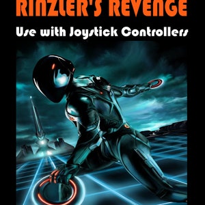 May include: A black and blue video game cover with a futuristic character in a black suit and helmet. The title of the game is "RINZLER'S REVENGE" and the text "game program" and "Use with Joystick Controllers" is also visible. The text "label. Program & Audiovisual 1984 ATARI, INC." is at the bottom of the cover.
