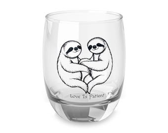 Senglöjare Kärlek är tålmodig Stjälklöst vin-/whisky-/cocktailglas, Senglöjarpresent, Senglöjarkonst, Senglöjar-alla hjärtans dag, Söta Senglöjare, Gåva för djurälskare