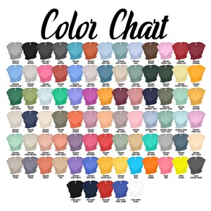 May include: Color chart showing a variety of t-shirt colors, including heather, solid, and neon options. The chart includes names for each color, such as Athletic Heather, Black Heather, Dark Grey Heather, and more.