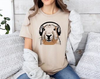 Camiseta con auriculares de capibara, camiseta linda de capibara, camiseta genial de capibara, capibara retro, regalo de capibara, camiseta para amantes de los animales