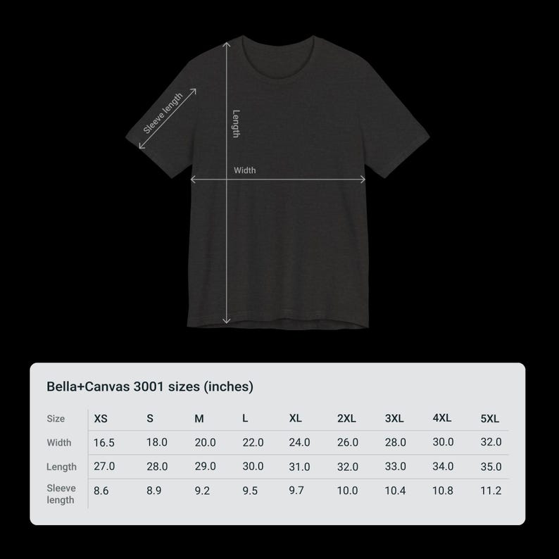 May include: A size chart for Bella+Canvas 3001 t-shirts, showing measurements in inches for sizes XS to 5XL. The chart includes width, length, and sleeve length.