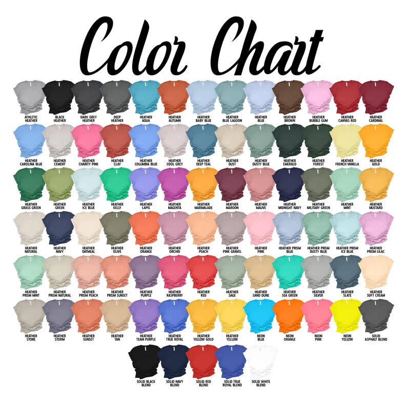 May include: Colour chart displaying a range of t-shirt colours, featuring heather, solid, and neon choices. The chart includes names for each colour, such as "Athletic Heather", "Black Heather", "Dark Grey Heather", and "Deep Teal".