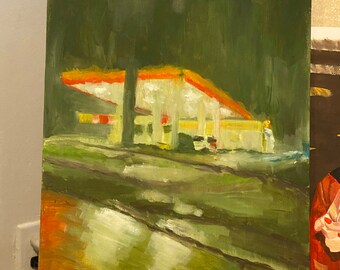 "Original Gouache ""Nacht"" Tankstellenbild auf Leinwand, Druck auf Bestellung."