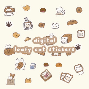 Könnte beinhalten: Digitale Sticker mit niedlichen weißen Katzen mit Brot und anderen Backwaren-Designs. Der Text "digital loafy cat stickers" ist im Bild enthalten.