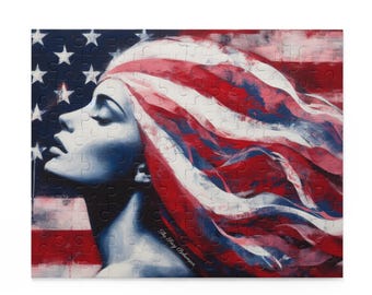 Jigsaw Puzzle. Beautiful patriotic red, white, and blue woman design. Patriotic puzzle, American flag puzzle, 120 piece puzzle, 252 piece