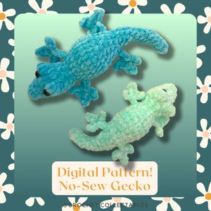 Puede incluir: Patrón digital para un gecko de crochet sin coser. El patrón incluye dos geckos, uno azul y otro verde, sobre un fondo blanco.