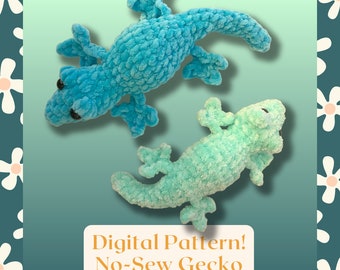 May include: Digital pattern for a no-sew crochet gecko. The pattern includes two geckos, one blue and one green, with a white background.