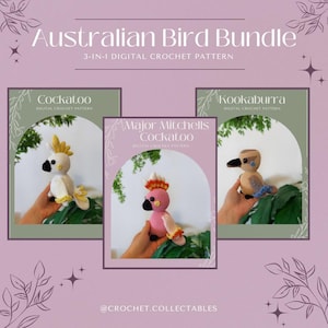 Lot de motifs au crochet 3 en 1 oiseaux australiens : kookaburra, cacatoès, cacatoès Major Mitchells