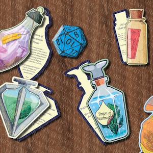 May include: Five colourful glass bottles with labels and a blue and white 20-sided die. The bottles contain potions with names like "Potion of Maximum Power" and "Portion of Waterbreath".