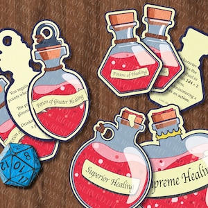 May include: Five potion bottles with labels reading "Potion of Healing", "Potion of Greater Healing", "Superior Healing", and "Supreme Healing". The bottles are drawn in a cartoon style and have a red liquid inside. A blue 20-sided die is also in the image.