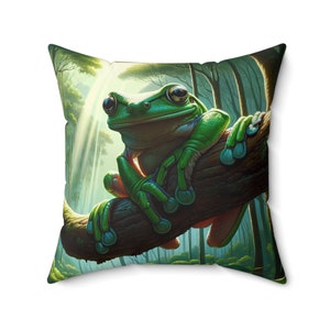 May include: A green tree frog with blue accents sits on a branch in a woodland setting. The frog is looking to the right of the image. The background is a blurred image of a forest with sunlight shining through the trees.