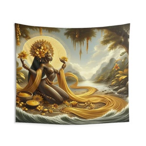Tapisserie - Oshun | Panneau De Trono | Impression d&#39;art mural | Décoration murale d&#39;intérieur | Tapisseries murales | Art mural tapisserie | Art spirituel