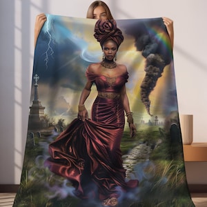 Couverture - Oya | Cadeaux spirituels pour les femmes | Regla De Ocha | Santéria | Cadeaux Orisha | Art yoruba | Divinité africaine | Couverture en peluche en velours
