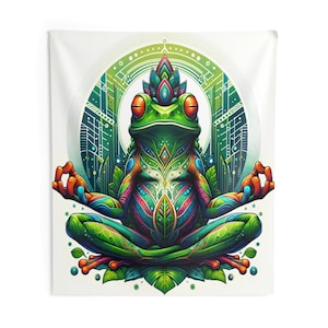 May include: A colorful, psychedelic illustration of a green tree frog sitting in a meditative pose with its eyes closed. The frog is surrounded by intricate patterns and designs, and the background is a white circle with a geometric pattern.