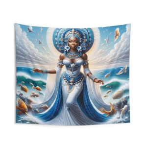 Tapiz - Yemaya / Panel De Trono / Regla De Ocha / Tapices de arte de pared / Arte de pared de decoración del hogar / Tapiz colgante de pared / Yoruba / Santería