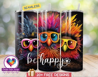 May include: Three colorful stainless steel tumblers with a design of owls wearing sunglasses. The owls are surrounded by colorful feathers and the text "be happy" is printed on the tumblers.