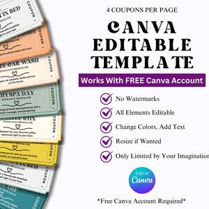 K&ouml;nnte beinhalten: Ein Satz von acht bunten Coupons mit einem Canva-Logo und dem Text "Canva-Vorlage zum Bearbeiten" und "Funktioniert mit einem KOSTENLOSEN Canva-Konto". Die Coupons sind f&uuml;r verschiedene Dienstleistungen wie Fr&uuml;hst&uuml;ck im Bett, Autow&auml;sche, einen Wellness-Tag und ein Picknick. Die Coupons sind f&uuml;r die Verwendung mit einem kostenlosen Canva-Konto konzipiert.