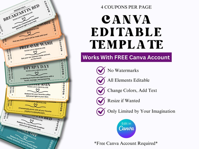 K&ouml;nnte beinhalten: Ein Satz von acht bunten Coupons mit einem Canva-Logo und dem Text "Canva-Vorlage zum Bearbeiten" und "Funktioniert mit einem KOSTENLOSEN Canva-Konto". Die Coupons sind f&uuml;r verschiedene Dienstleistungen wie Fr&uuml;hst&uuml;ck im Bett, Autow&auml;sche, einen Wellness-Tag und ein Picknick. Die Coupons sind f&uuml;r die Verwendung mit einem kostenlosen Canva-Konto konzipiert.