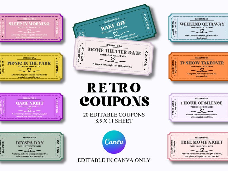 K&ouml;nnte beinhalten: Zwanzig druckbare Retro-Coupons in verschiedenen Farben, jeder mit einer anderen Aktivit&auml;t oder Erfahrung, wie "Schlaf am Morgen", "Backen", "Kino-Date", "Wochenendausflug", "TV-Show-&Uuml;bernahme", "1 Stunde Stille", "Kostenloser Filmabend", "Picknick im Park", "Spielabend" und "DIY-Wellness-Tag". Die Coupons sind f&uuml;r die Bearbeitung in Canva konzipiert und haben die Gr&ouml;&szlig;e 8,5 x 11 Zoll.