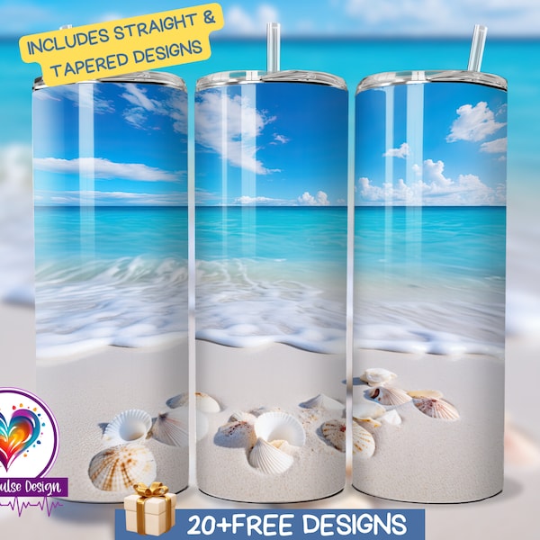 Tropical Beach 20 oz Tumbler png, Seashell Tumbler, Ocean Tumbler Design, Skinny, Beach Tumbler Wrap, 20 oz Skinny, Instant Download