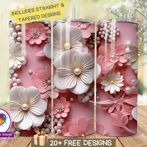 3D Pink and White Flowers and Pearls, 20 oz Skinny Tumbler, Sublimation Design, Floral 20 oz Sublimation, Pink 3D Floral Sublimation Wrap