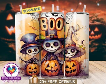Halloween Skeleton Tumbler Wrap: Spooky Ghouls & Pumpkins (Digital Download PNG)
