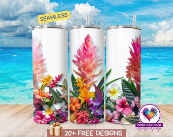 Tropical Floral Sublimation Design, 20oz Seamless Skinny Tumbler, Plant Obsessed, Bromeliad, Hibiscus Flower Tumbler PNG, Digital Download