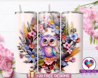 Eulen Tumbler Wrap: 3D Blumenmuster, 20 oz Skinny Tumbler (PNG Digital Download)