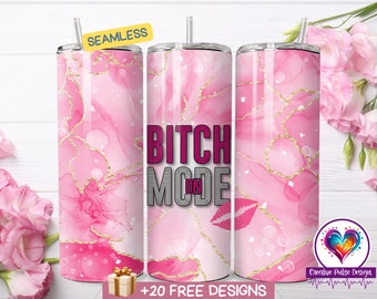 Bitch Mode On Pink Tumbler Wrap, Sublimation 20 oz Skinny Design PNG, Digital Download, Pink Marble With Gold Lace Seamless Pattern