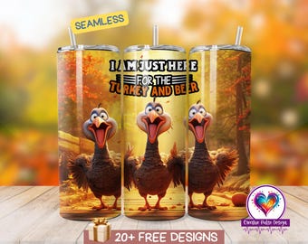 Turkije en bier 20oz Tumbler Wrap: Thanksgiving-sublimatieontwerp (PNG-download)