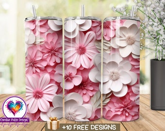 Sublimatieontwerp beker met 3D roze bloemen (digitale download, png)