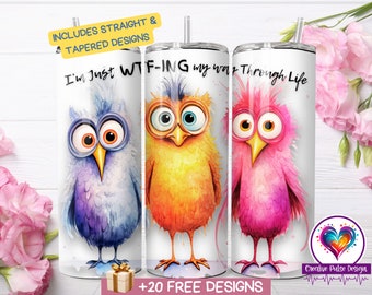 Sarcastic Tumbler Wrap: grappig WTF-citaatontwerp, kleurrijke vogels (digitale download)