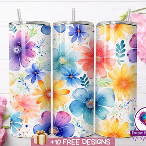 Watercolor Floral Tumbler Sublimation Design: Colorful Tumbler Wrap (PNG Digital Download)