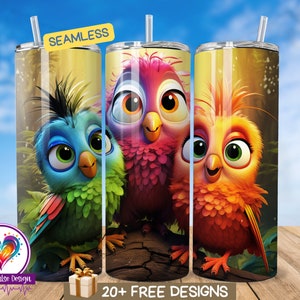 Lindos niños vaso envoltura PNG, 20 oz flaco vaso descarga digital, vaso de sublimación, pájaros coloridos vaso sin costuras DD, envoltura de loro bebé