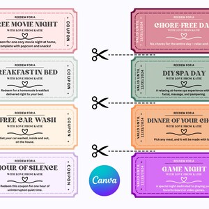 K&ouml;nnte beinhalten: Acht farbige, druckbare Coupons im Vintage-Ticket-Design. Jeder Coupon bietet eine andere Aktivit&auml;t oder Geschenkidee, wie zum Beispiel einen kostenlosen Filmabend, Fr&uuml;hst&uuml;ck im Bett, eine kostenlose Autow&auml;sche, eine Stunde Stille, einen tag ohne Hausarbeit, einen DIY-Wellness-Tag, ein Abendessen deiner Wahl und einen Spieleabend. Die Coupons sind g&uuml;ltig bis zum 31.12.2024.