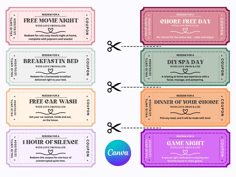 K&ouml;nnte beinhalten: Acht farbige, druckbare Coupons im Vintage-Ticket-Design. Jeder Coupon bietet eine andere Aktivit&auml;t oder Geschenkidee, wie zum Beispiel einen kostenlosen Filmabend, Fr&uuml;hst&uuml;ck im Bett, eine kostenlose Autow&auml;sche, eine Stunde Stille, einen tag ohne Hausarbeit, einen DIY-Wellness-Tag, ein Abendessen deiner Wahl und einen Spieleabend. Die Coupons sind g&uuml;ltig bis zum 31.12.2024.