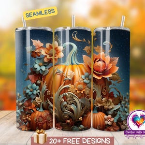 Fall Floral Tumbler Wrap 20oz Skinny Sublimation Design PNG Download, Boho Pumpkin Fall Vibe, Instant Download, Autumn Straight Tumbler