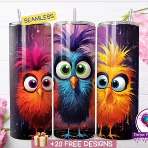 Fun Happy Birds Envoltura de vaso de sublimación de 20 oz, diseño de vaso animado colorido, descarga digital PNG, diseño de vaso popular