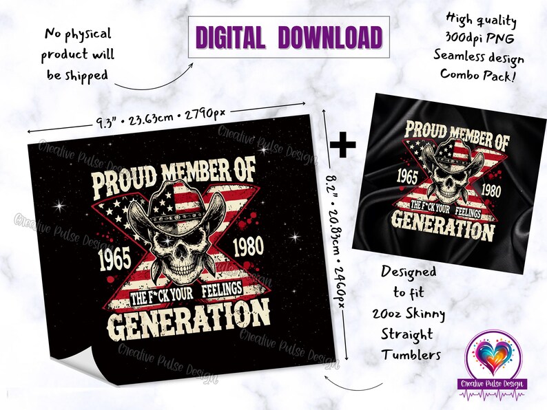 May include: Digital download of a graphic design featuring a skull wearing a cowboy hat and an American flag with the text "Proud Member of 1965 - 1980 The F*ck Your Feelings Generation".
