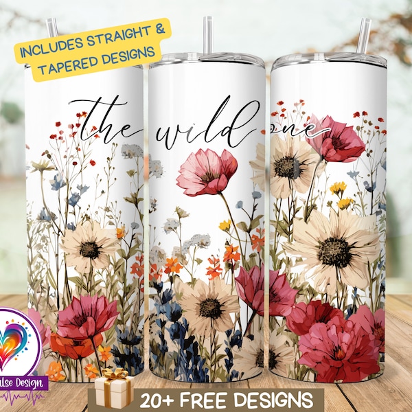 Wildflowers 20 oz Skinny Tumbler Sublimation Design, Seamless Floral Digital PNG Wrap, Water Color Field Flowers, The Wild One, Flower Mom