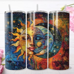 Sun and Moon Boho 20oz Skinny Tumbler Wrap, Sublimation Design, Digital Download PNG, Celestial Tumbler