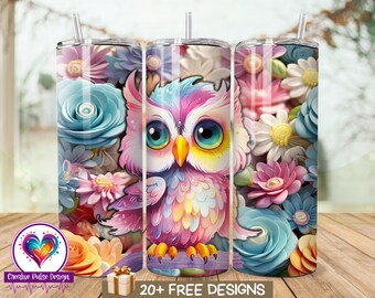 3D-omslag bloemenuil beker: 20 oz mager sublimatieontwerp (digitale png-download)