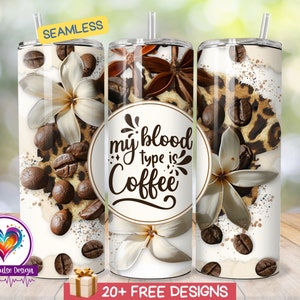Puede incluir: Un vaso blanco con estampado de leopardo marrón, granos de café y flores blancas. El vaso tiene el texto "My blood type is coffee" en un círculo marrón.
